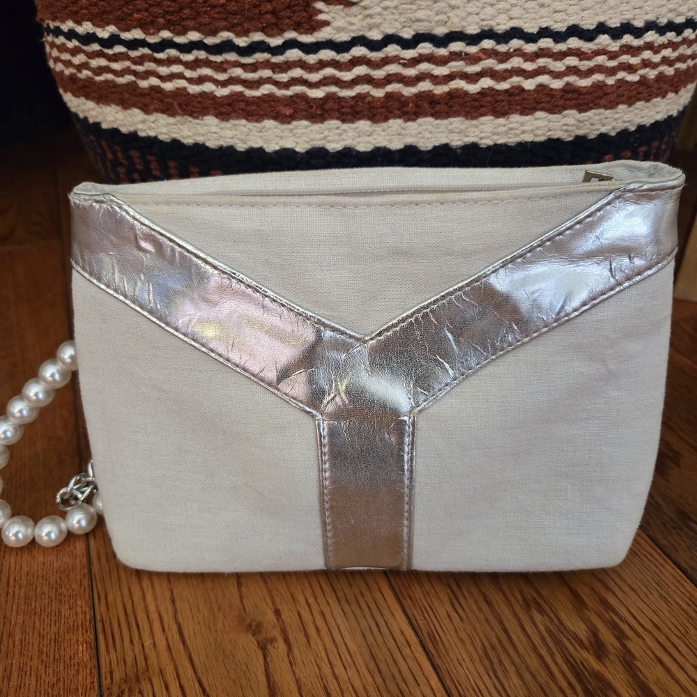 Yves Saint Laurent Parfums Canvas & Silver Clutch / Makeup Bag